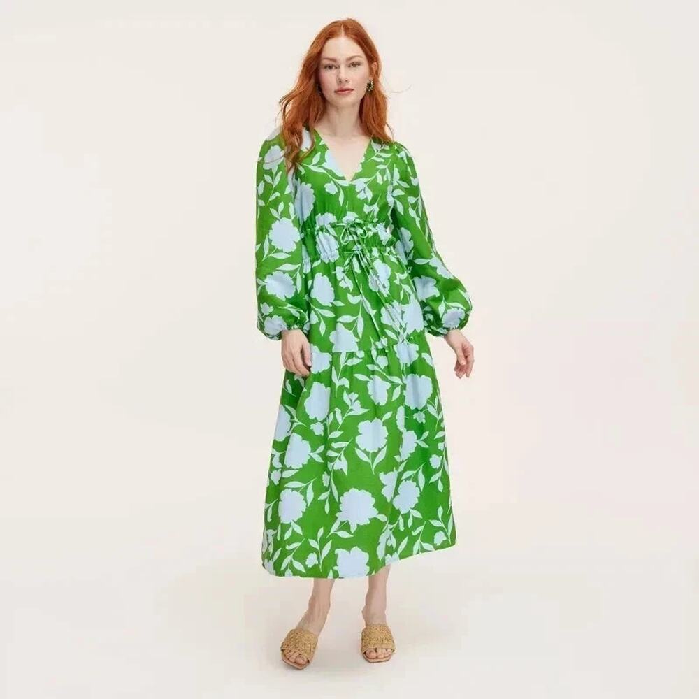 XS - Kate Spade x Target Green Rose Linen Long Sleeve Maxi Dress NWT
